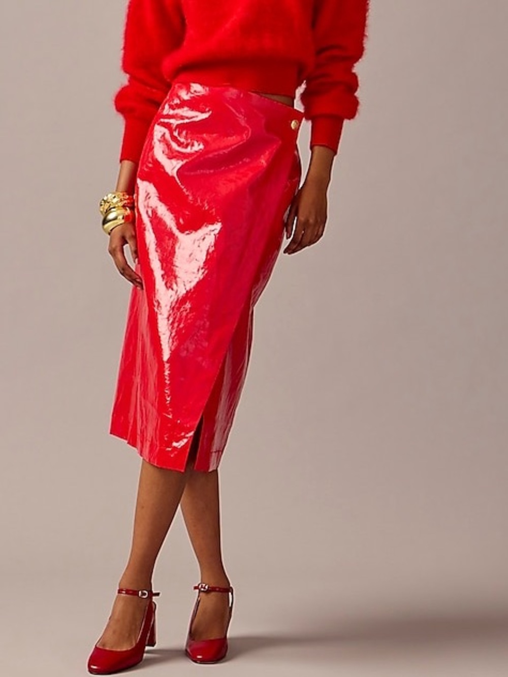 J Crew Red Laminated Linen Wrap Pencil Skirt